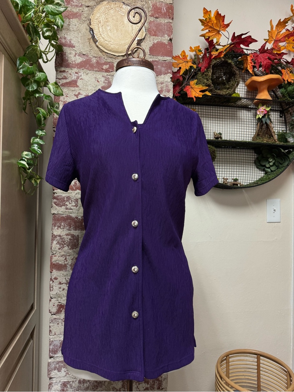 Vintage 90s Purple Seashell Button Long Blouse Size Medium